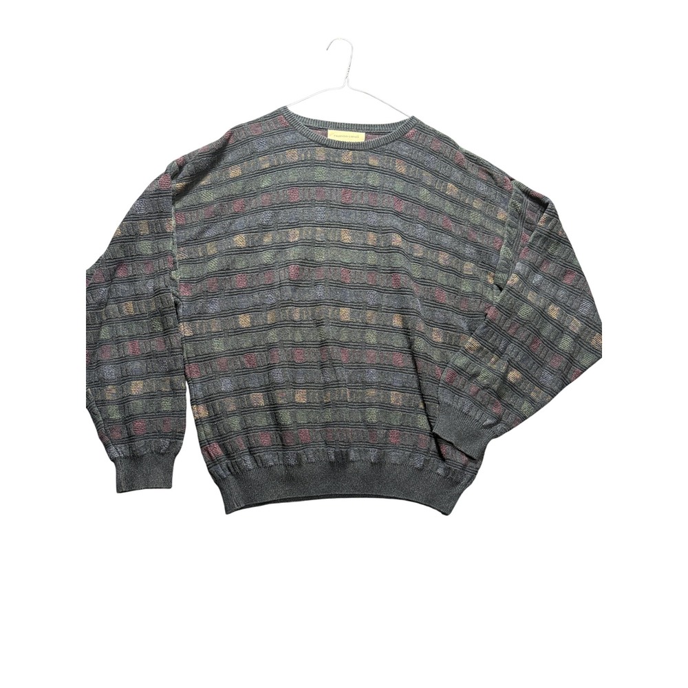 Pronto Uomo Sweater Mens Large Dark Navy Textured Multicolor Block Coogi Style